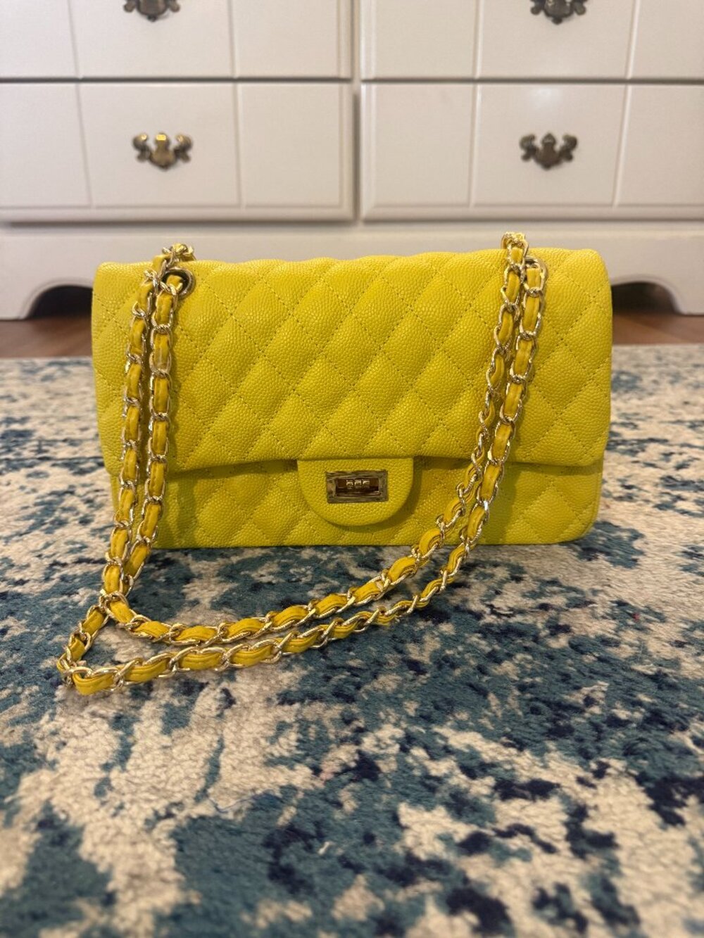 Yellow Quilted Leather Bag with Gold Chain